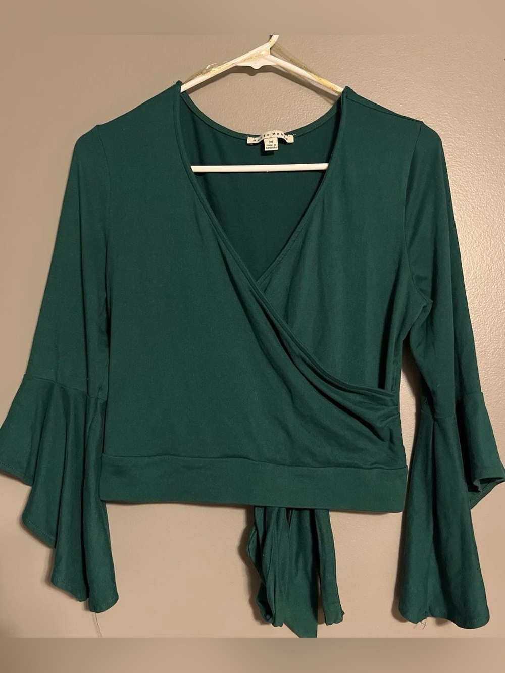 Haute Monde Emerald Green Wrap Tie Bell Sleeve Top